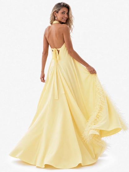 Elegant Halter Neck Sleeveless Feather Trim Satin Maxi Dress