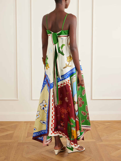 Unique Colorful Abstract Cartoon Print Satin Maxi Dress