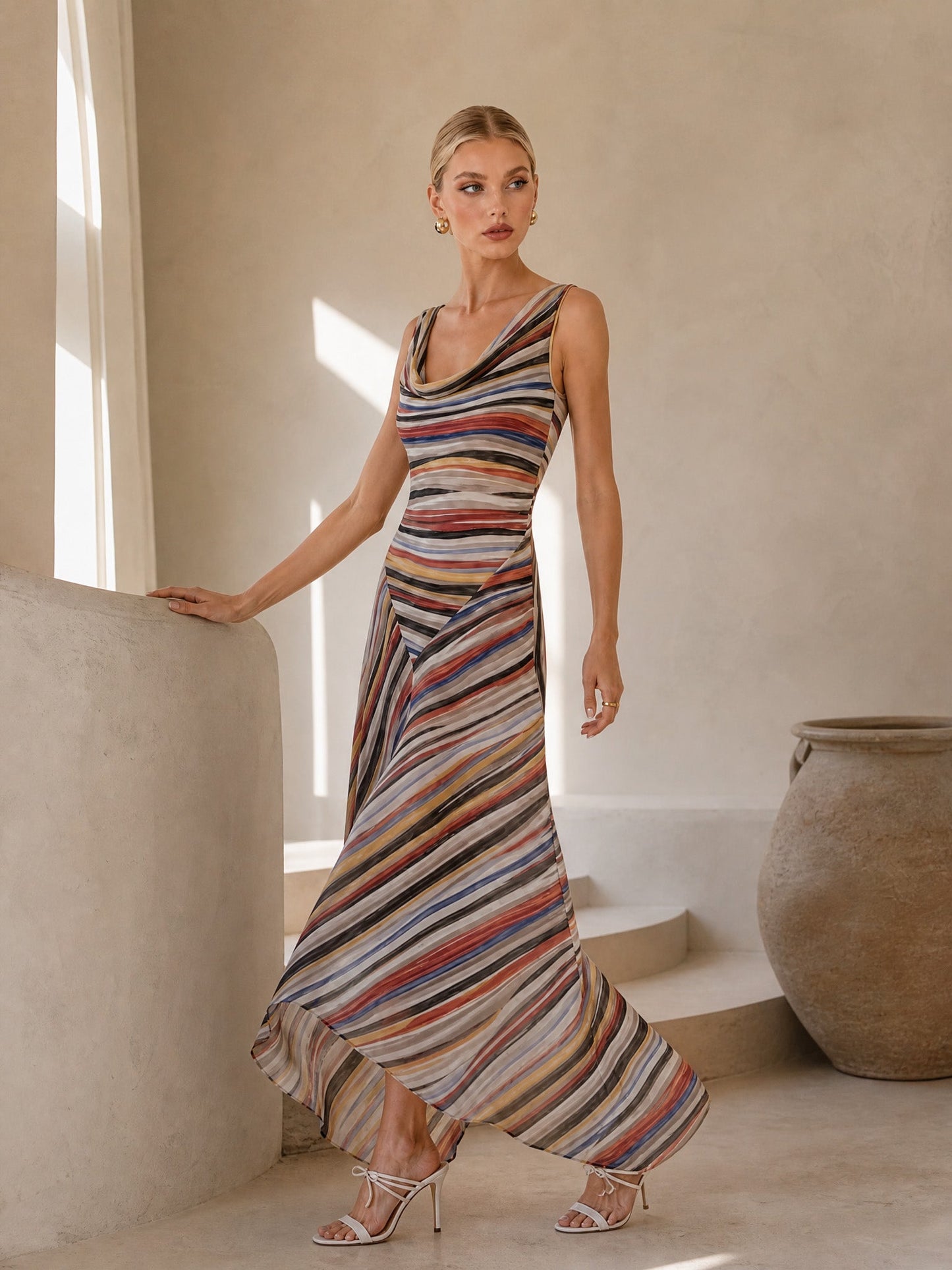 Swing Collar Striped Maxi Dress