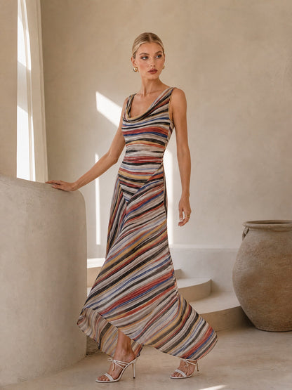 Swing Collar Striped Maxi Dress
