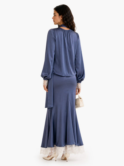 Elegant Puff Sleeve Satin Top & Lace Trim Maxi Skirt Two-Piece Set