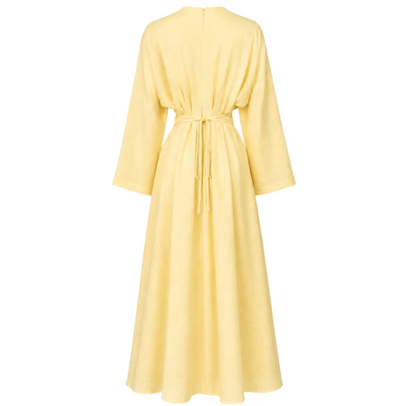 Elegant Pleated Long Sleeve Pocket Maxi Dress
