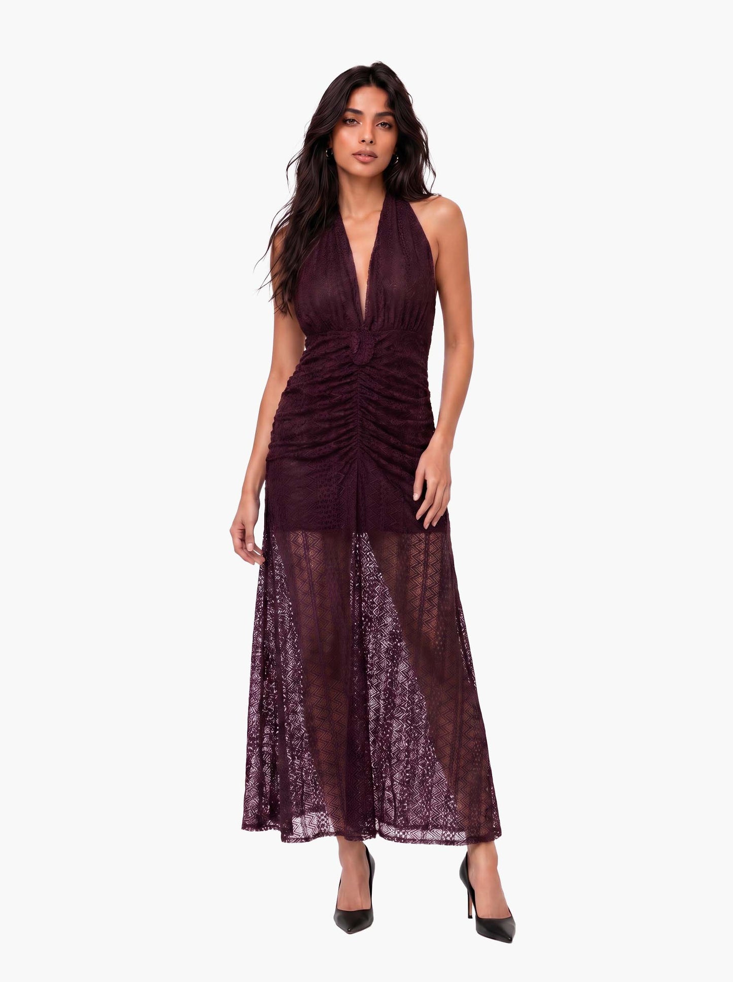 Elegant Deep V-Neck Cutout Lace Maxi Dress