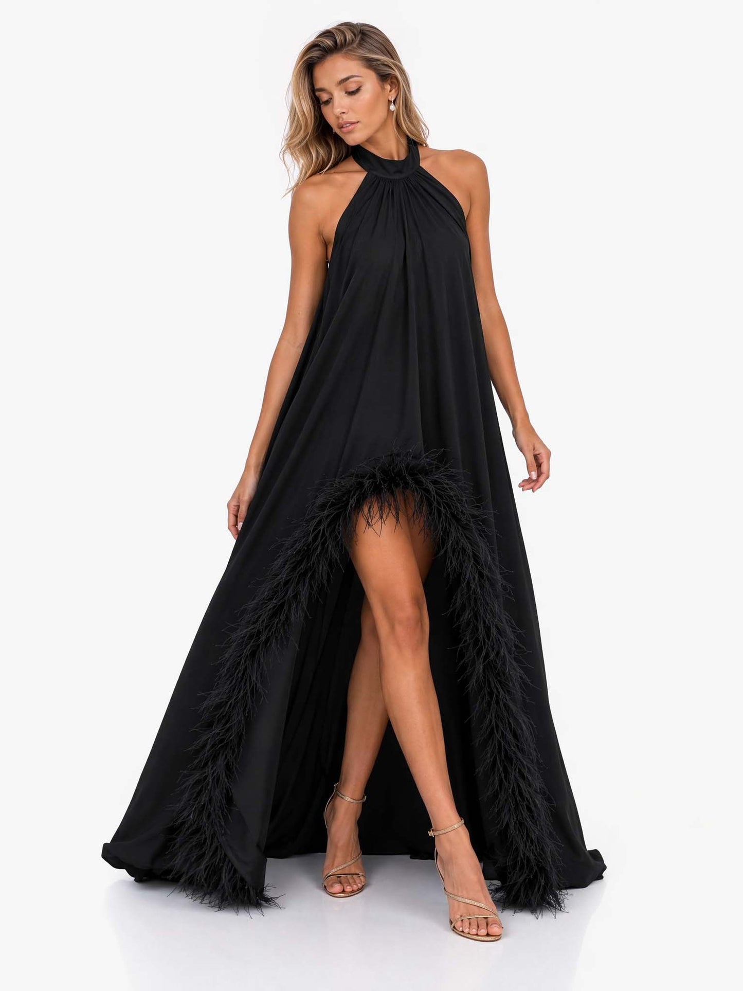 Elegant Halter Neck Sleeveless Feather Trim Satin Maxi Dress