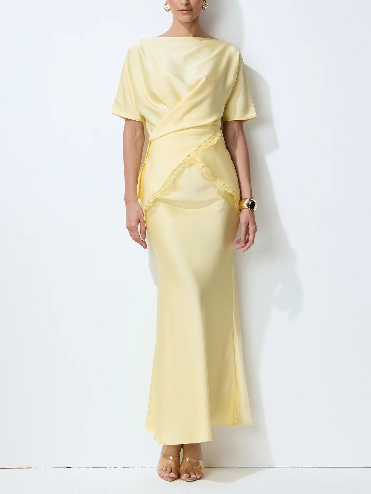 Elegant Draped Satin Lace-Trim Top Two-Piece Set