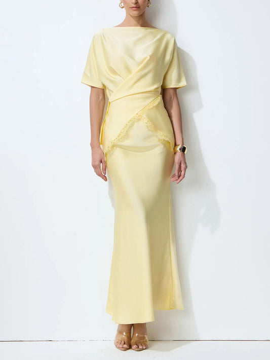Elegant Draped Satin Lace-Trim Top Two-Piece Set