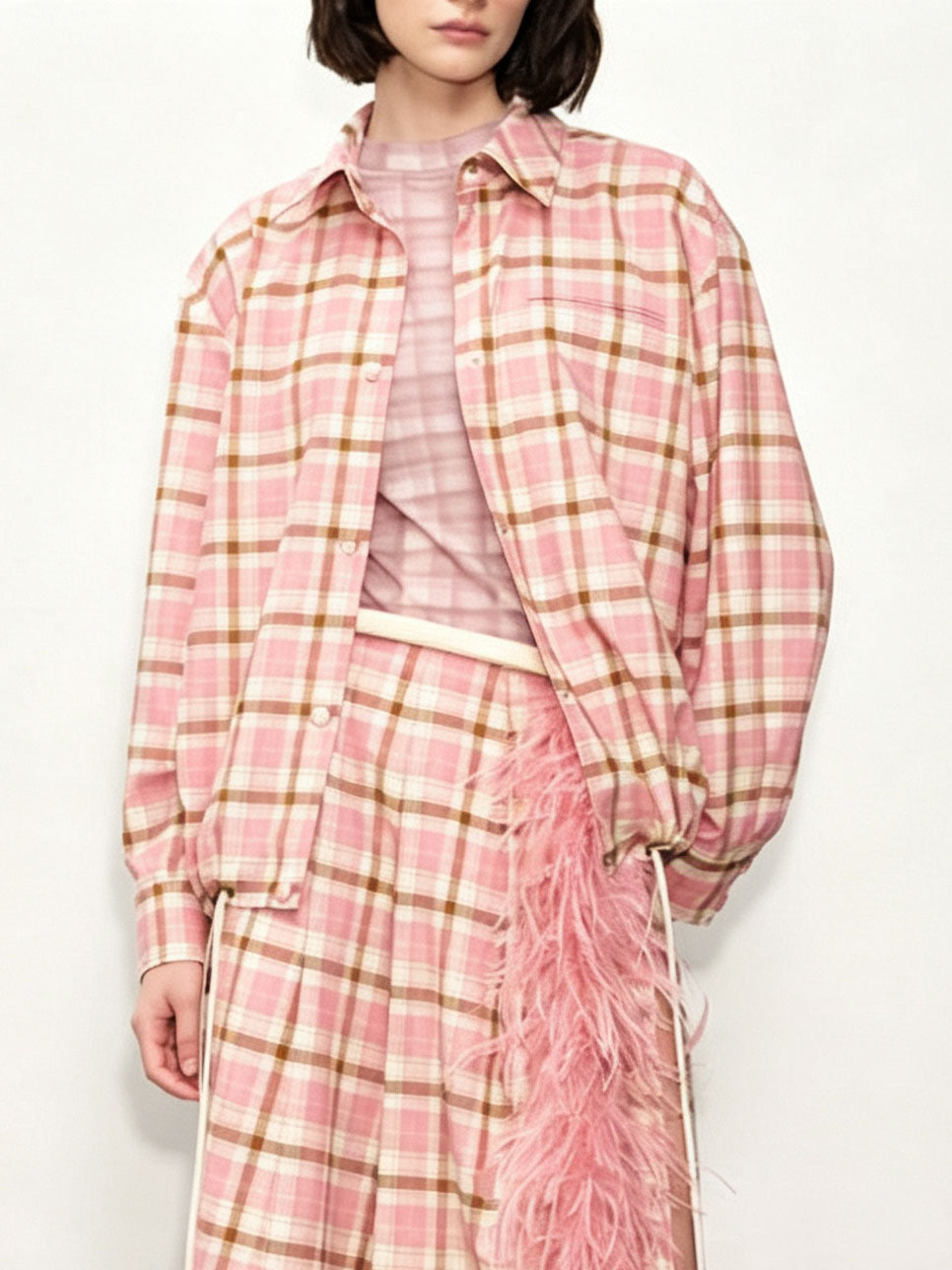 Classic Plaid Loose Shirt & Feather-Trim Skirt Two-Piece Set