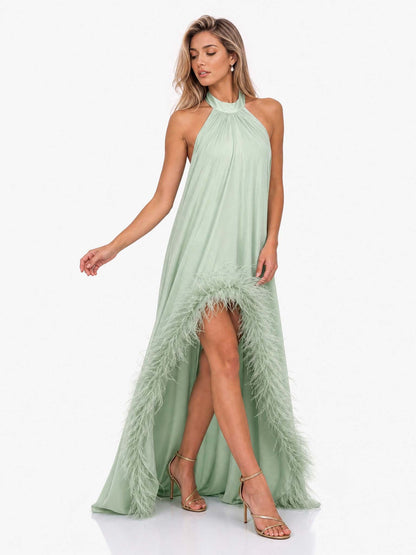 Elegant Halter Neck Sleeveless Feather Trim Satin Maxi Dress