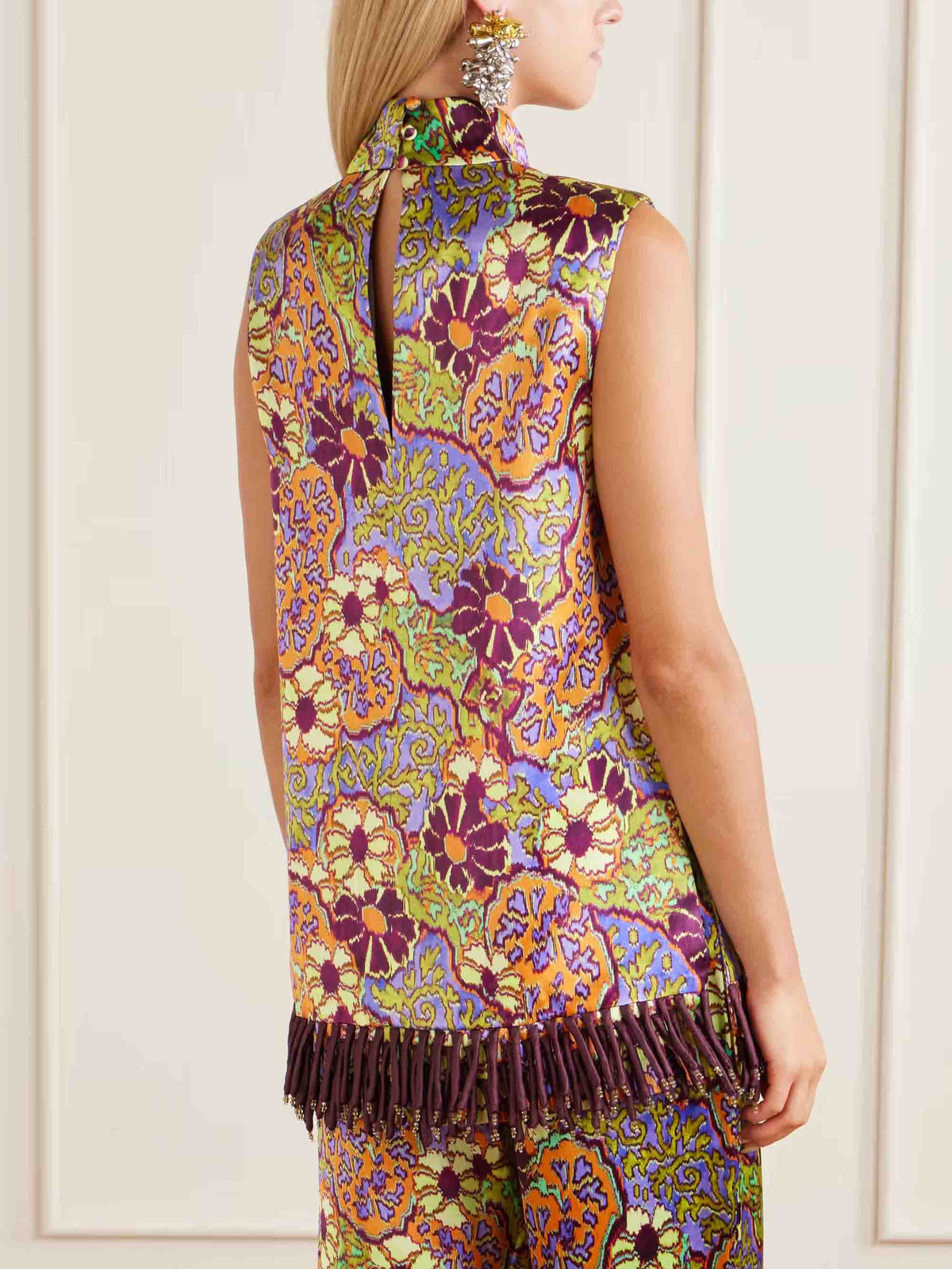 Exquisite Retro Floral Print Tassel Top & Wide-Leg Pants Two-Piece Set