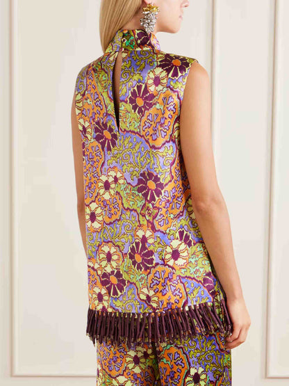 Exquisite Retro Floral Print Tassel Top & Wide-Leg Pants Two-Piece Set