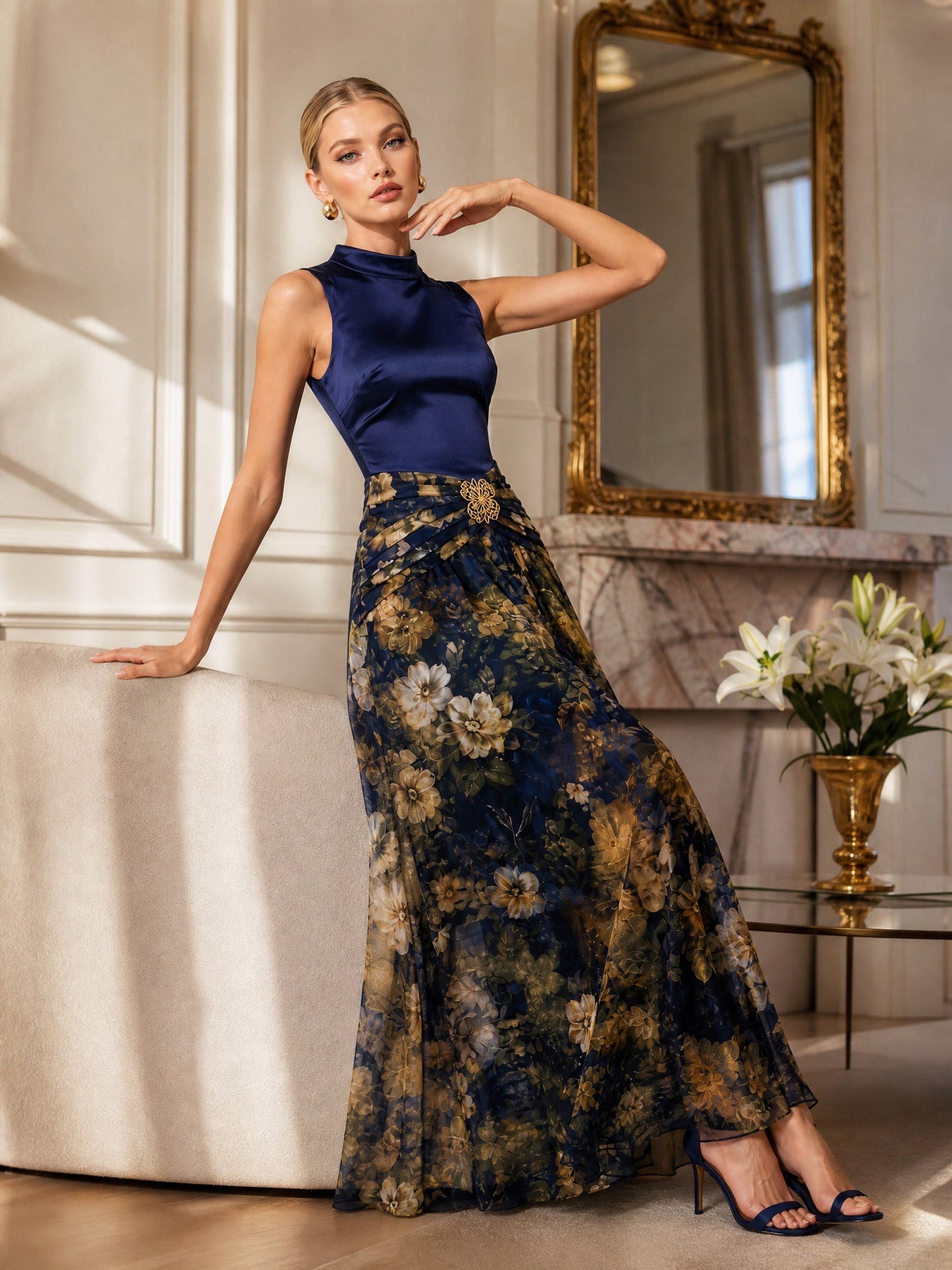 Elegant High Neck Satin Floral Chiffon Maxi Dress