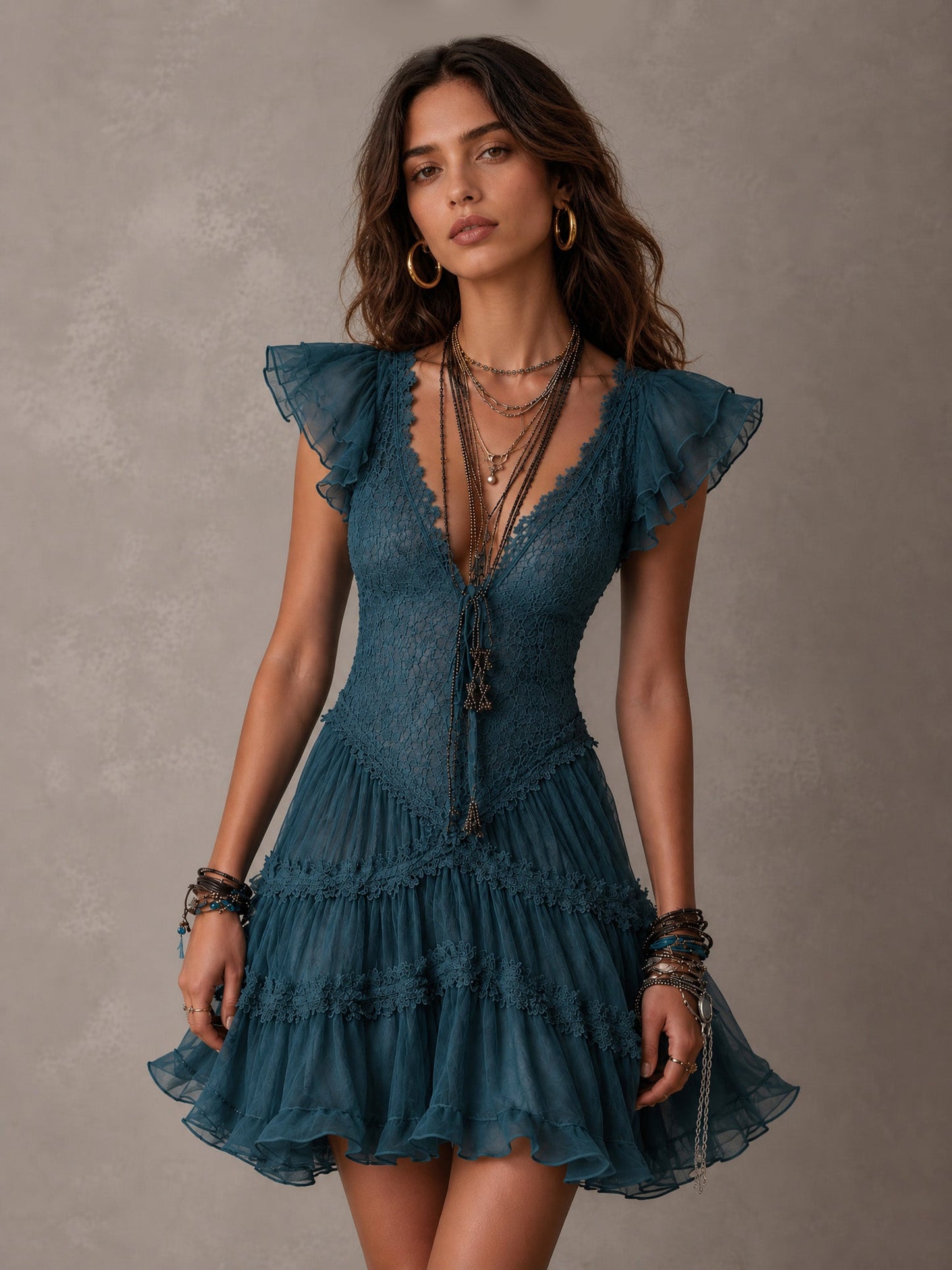 Sexy Lace Chiffon Ruffle Mini Dress