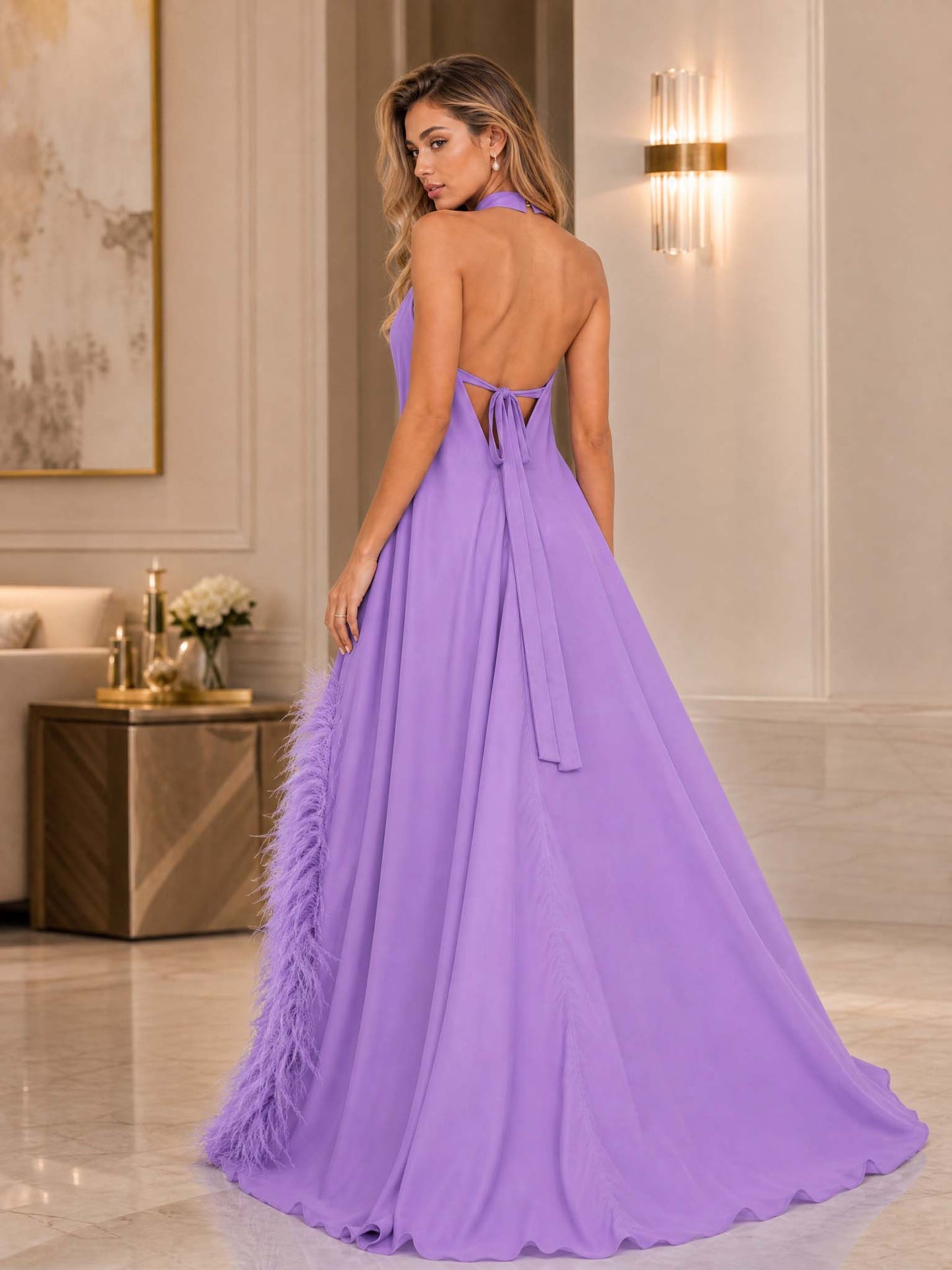 Elegant Halter Neck Sleeveless Feather Trim Satin Maxi Dress