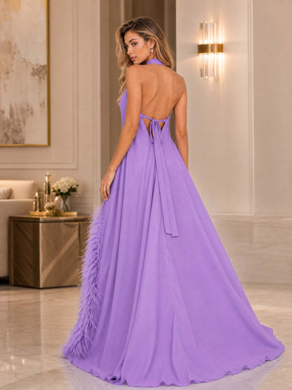 Elegant Halter Neck Sleeveless Feather Trim Satin Maxi Dress