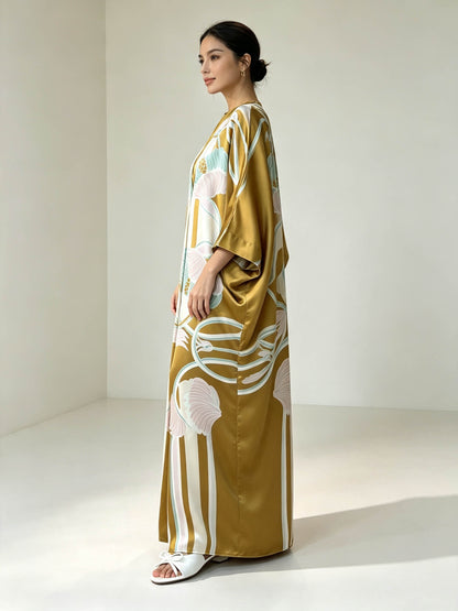 Elegant Floral Print Batwing Sleeve Satin Kaftan Maxi Dress