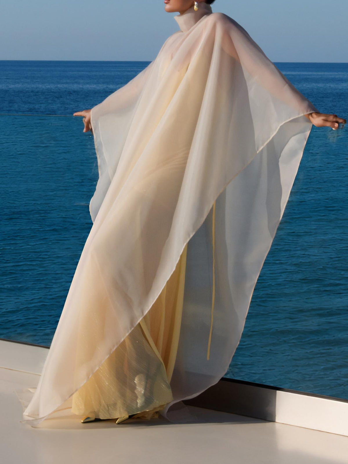 Elegant High Neck Organza Cape Maxi Gown