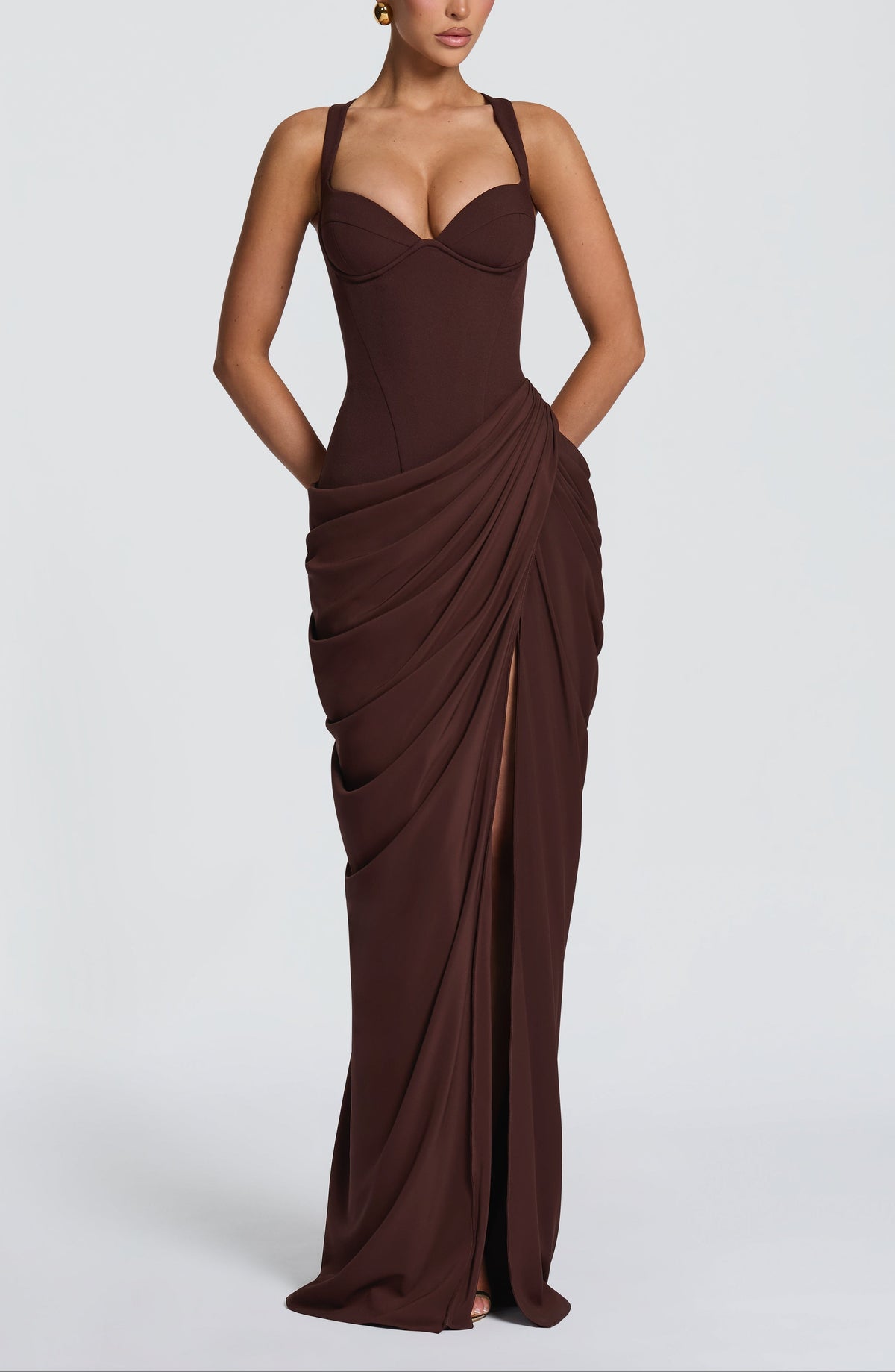 Ruched Spaghetti Strap Slit Maxi Dress