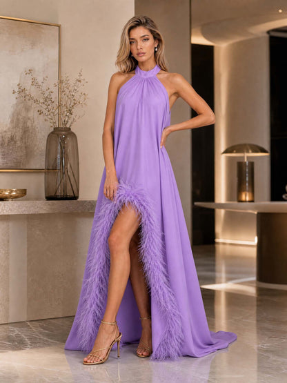 Elegant Halter Neck Sleeveless Feather Trim Satin Maxi Dress