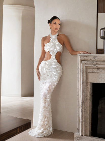 Elegant Halter Cutout Sequin Mermaid Maxi Dress