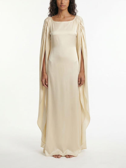 Boat Neck Cape Sleeve Satin Maxi Dress