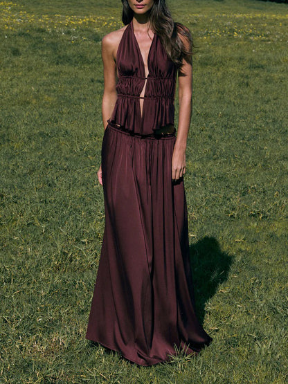 Sexy Ruched Waist Cutout Satin Two-Piece Set