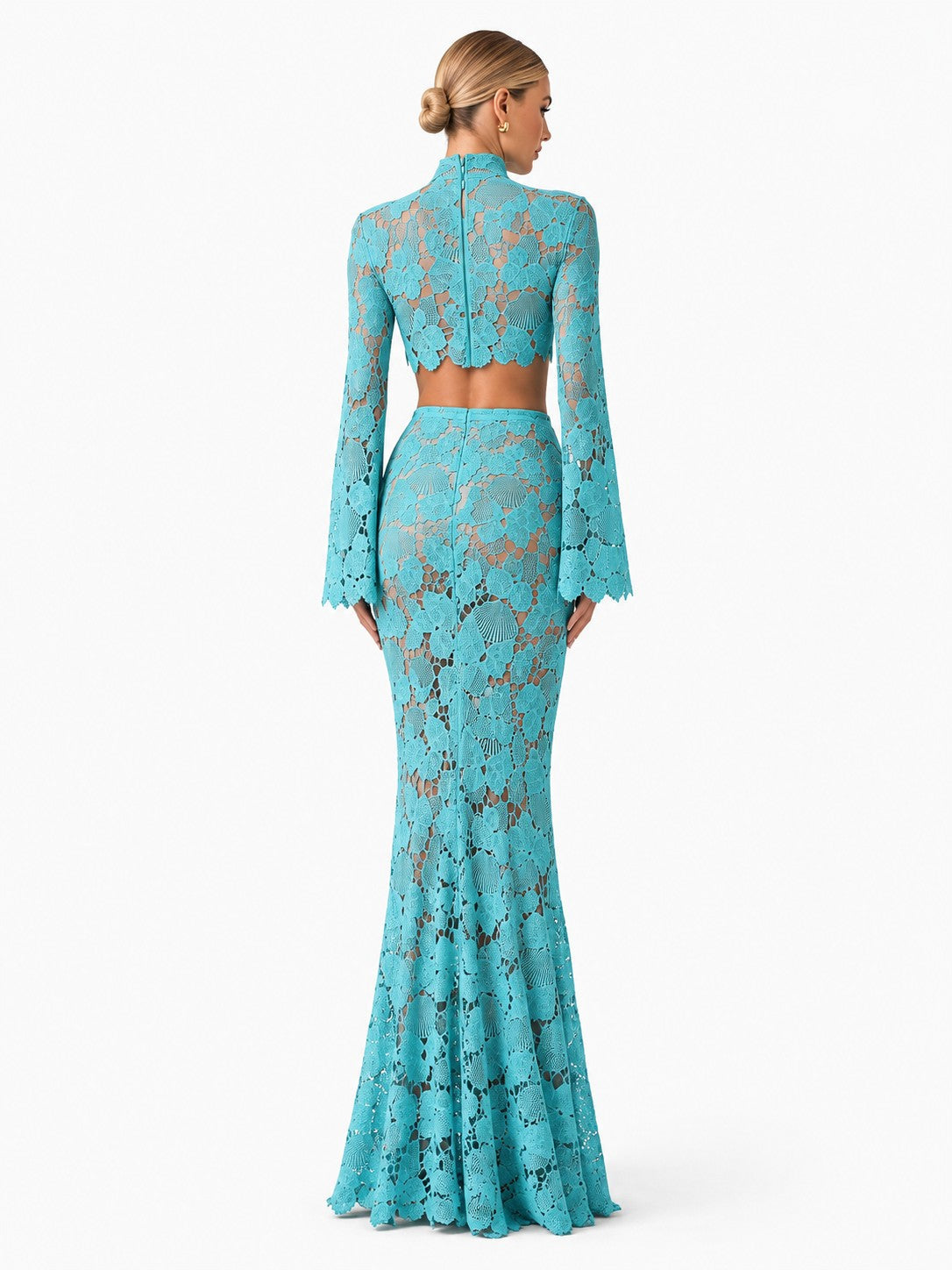 Elegant Turquoise Shell Lace Two-Piece Set