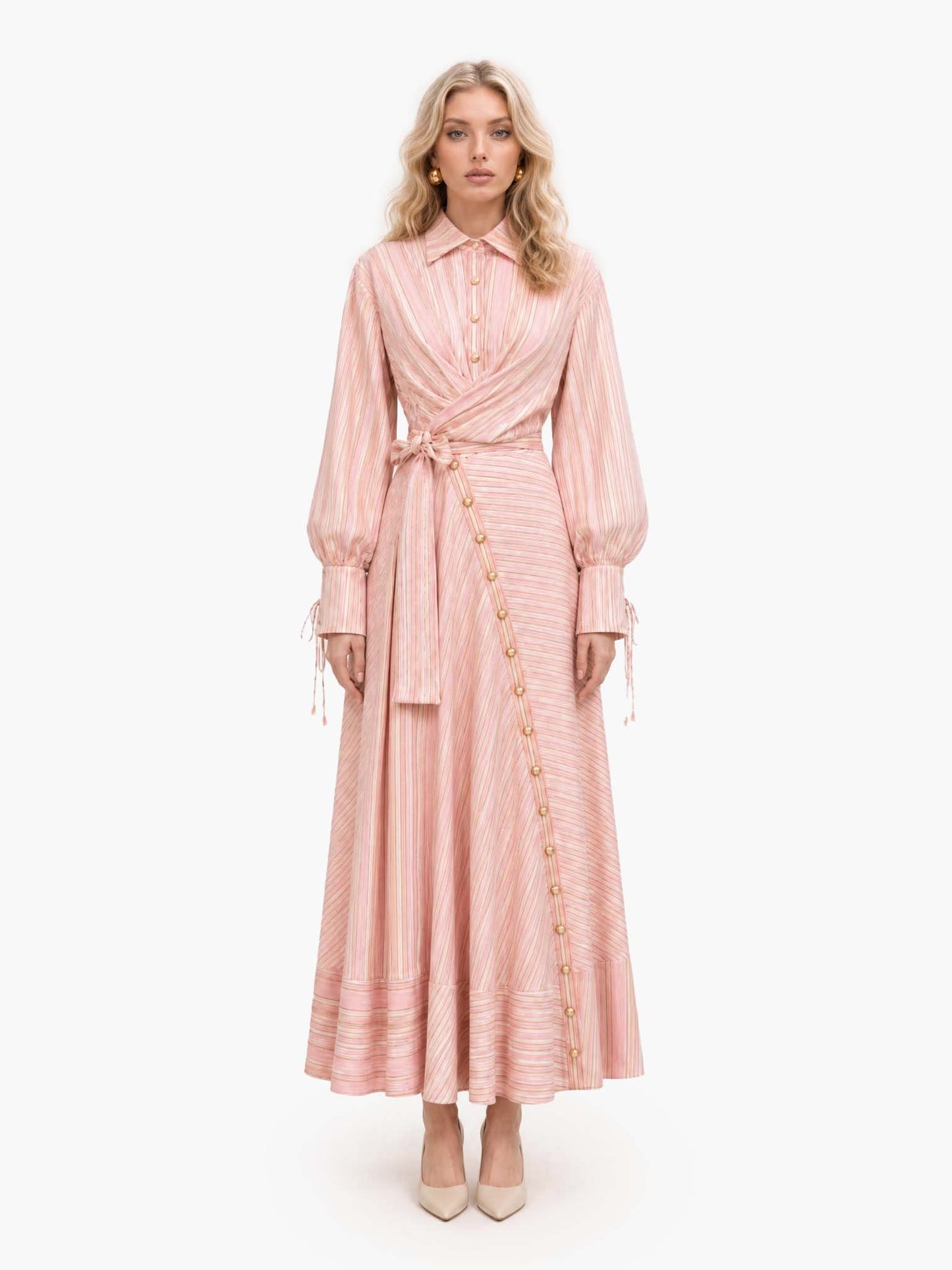 Pink Stripe Print Long Sleeve Waist Tie Maxi Shirt Dress