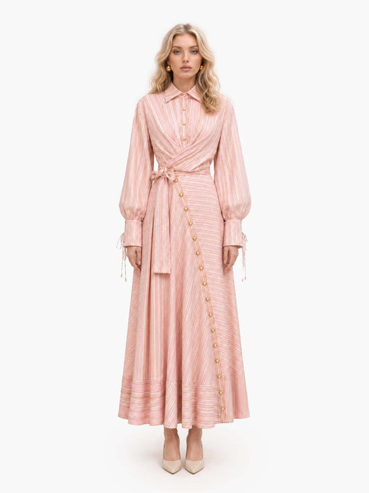 Pink Stripe Print Long Sleeve Waist Tie Maxi Shirt Dress