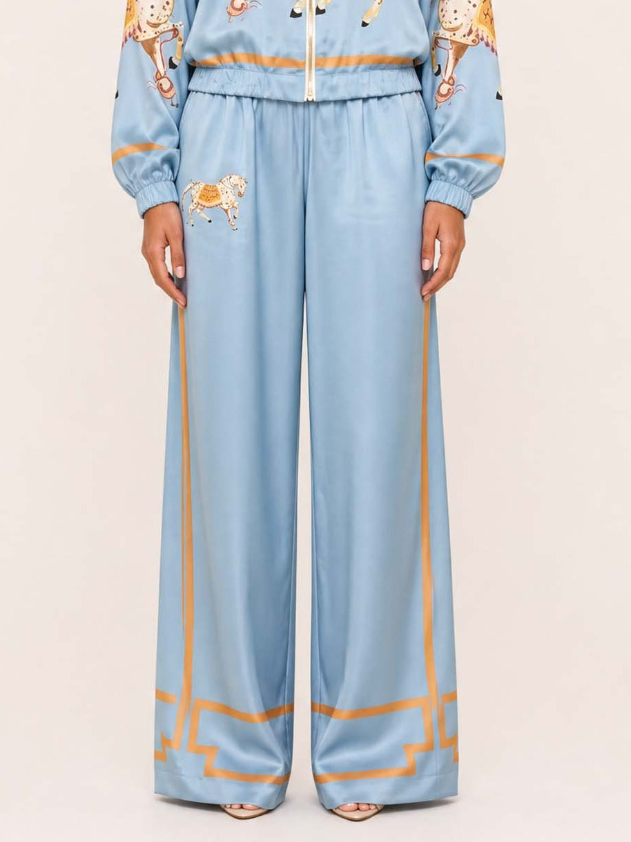 Exquisite Satin Horse Print Zip-Up Shirt