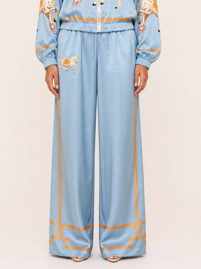Exquisite Satin Horse Print Zip-Up Shirt