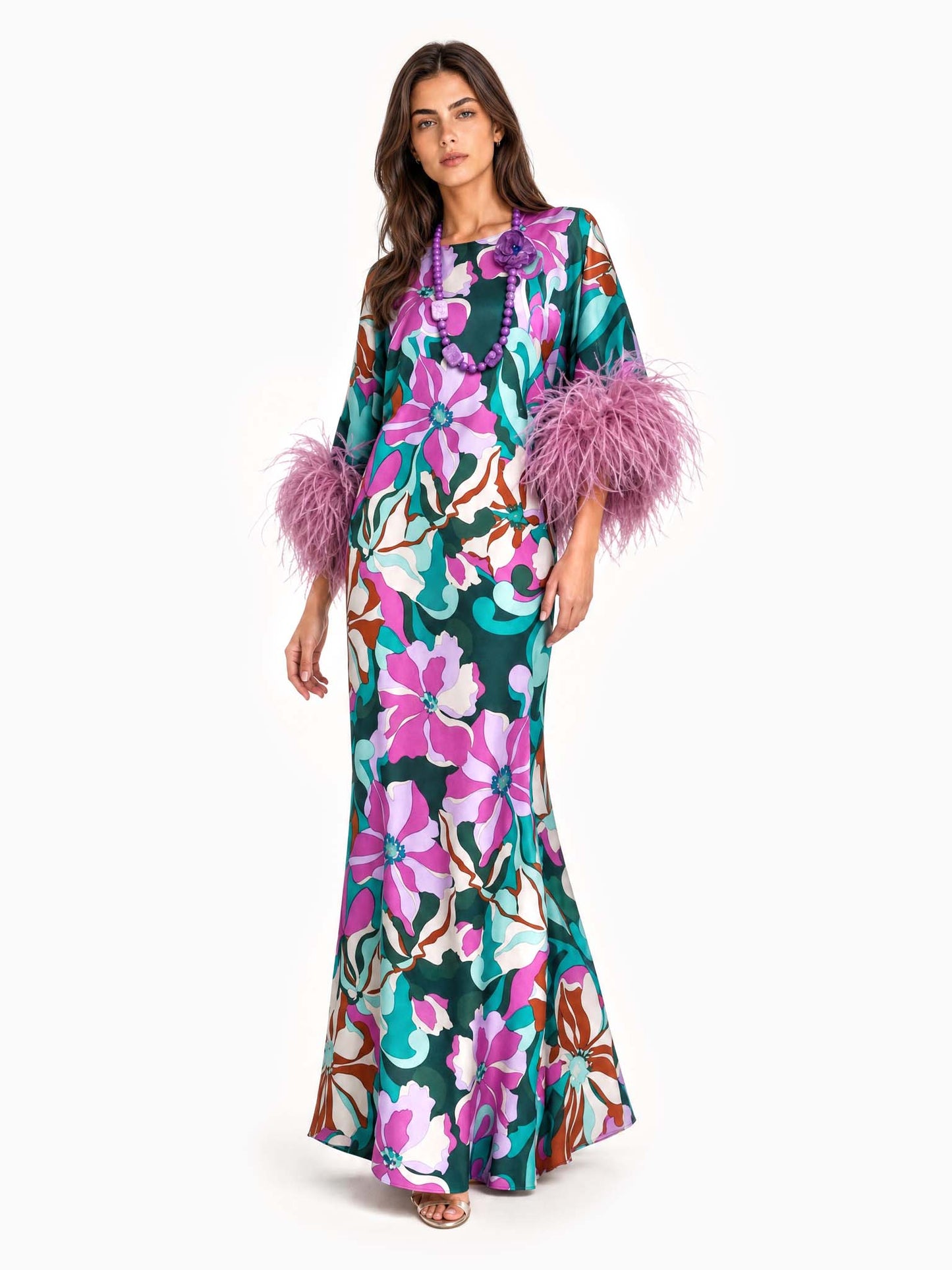 Elegant Floral Print Feather Cuff Satin Maxi Dress