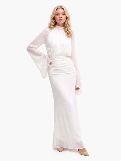 Elegant High Neck Ruched Waist Long Sleeve Maxi Dress