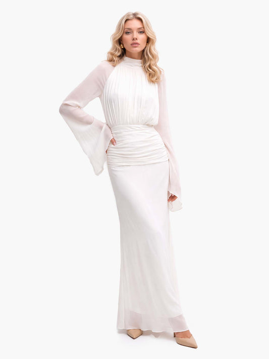 Elegant High Neck Ruched Waist Long Sleeve Maxi Dress