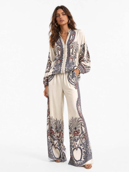 Elegant Paisley Print Zip-Up Shirt & Wide Leg Pants Set