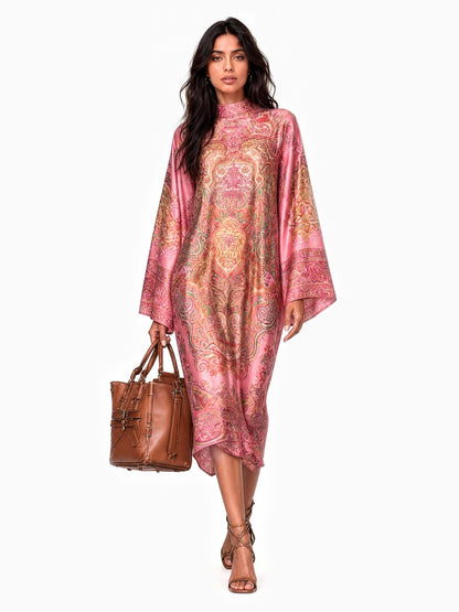 Retro Paisley Print Round Neck Flared Sleeve Midi Dress