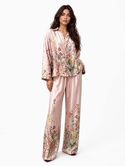 Elegant Floral Print Satin Shirt & Wide Leg Pants Set