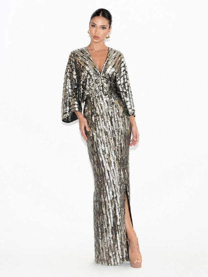 V-Neck Sequin Slit Maxi Dress