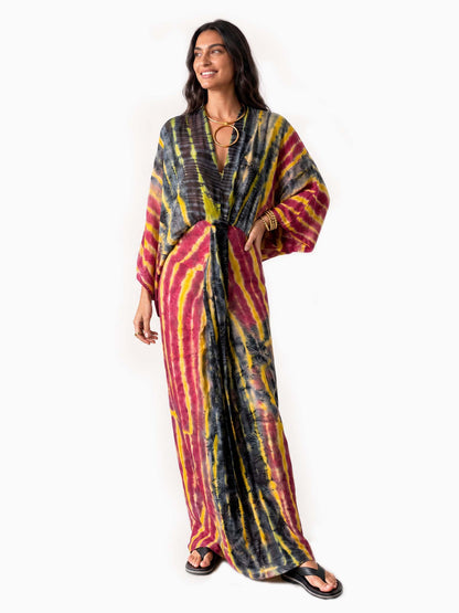 V-Neck Printed Slit Streamer Design Maxi Dress