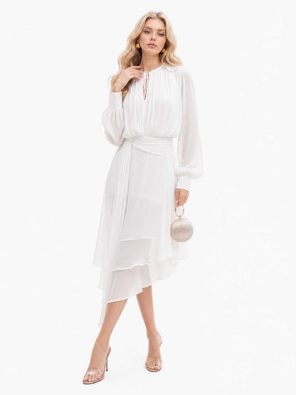 Asymmetrical Hem Long Sleeve Chiffon Midi Dress
