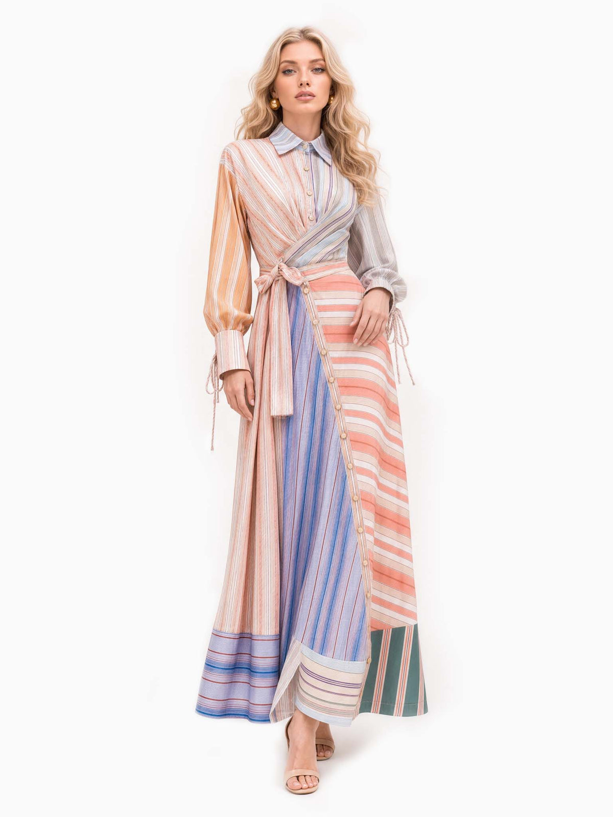 Multicolor Patchwork Stripe Print Long Sleeve Tie Maxi Shirt Dress