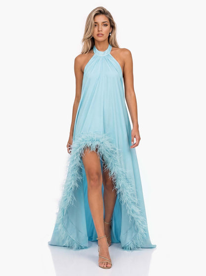 Elegant Halter Neck Sleeveless Feather Trim Satin Maxi Dress