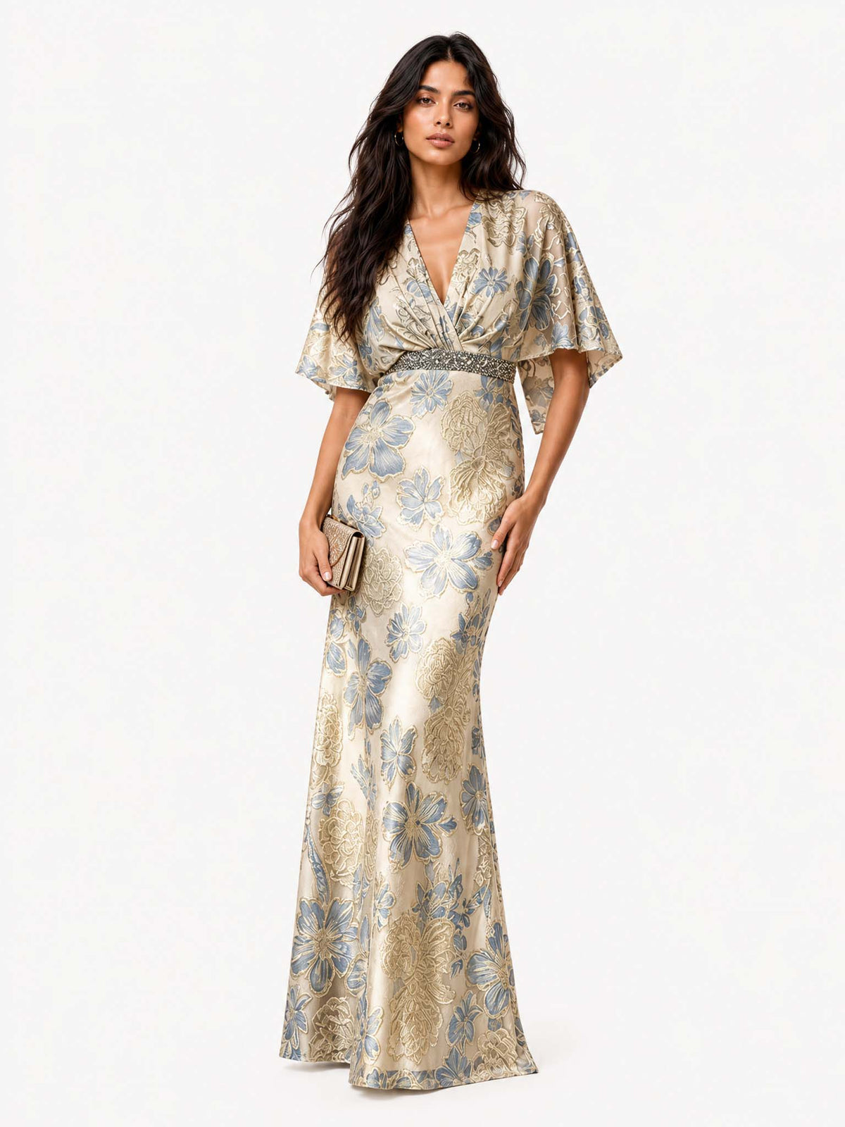 Elegant Floral  Flutter Sleeve Mermaid Maxi Dress
