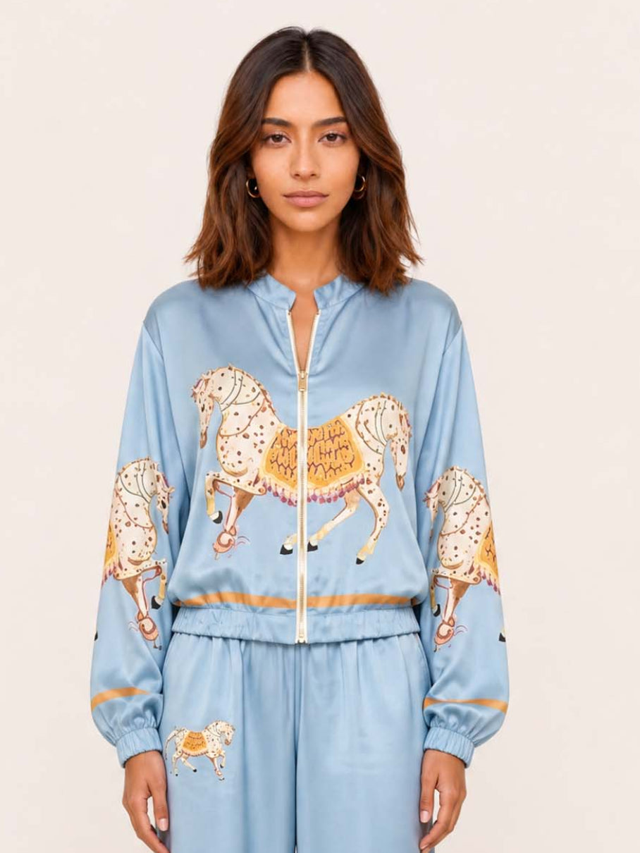 Exquisite Satin Horse Print Wide-Leg Pants
