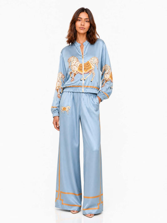 Exquisite Satin Horse Print Zip Jacket & Wide-Leg Pants Two-Piece Set