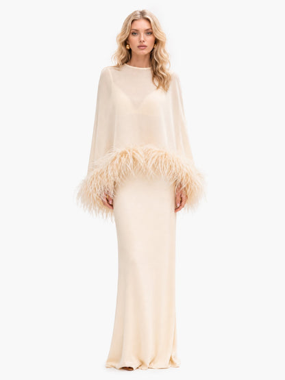 Elegant Feather Trim Chiffon Shawl Two-Piece Set