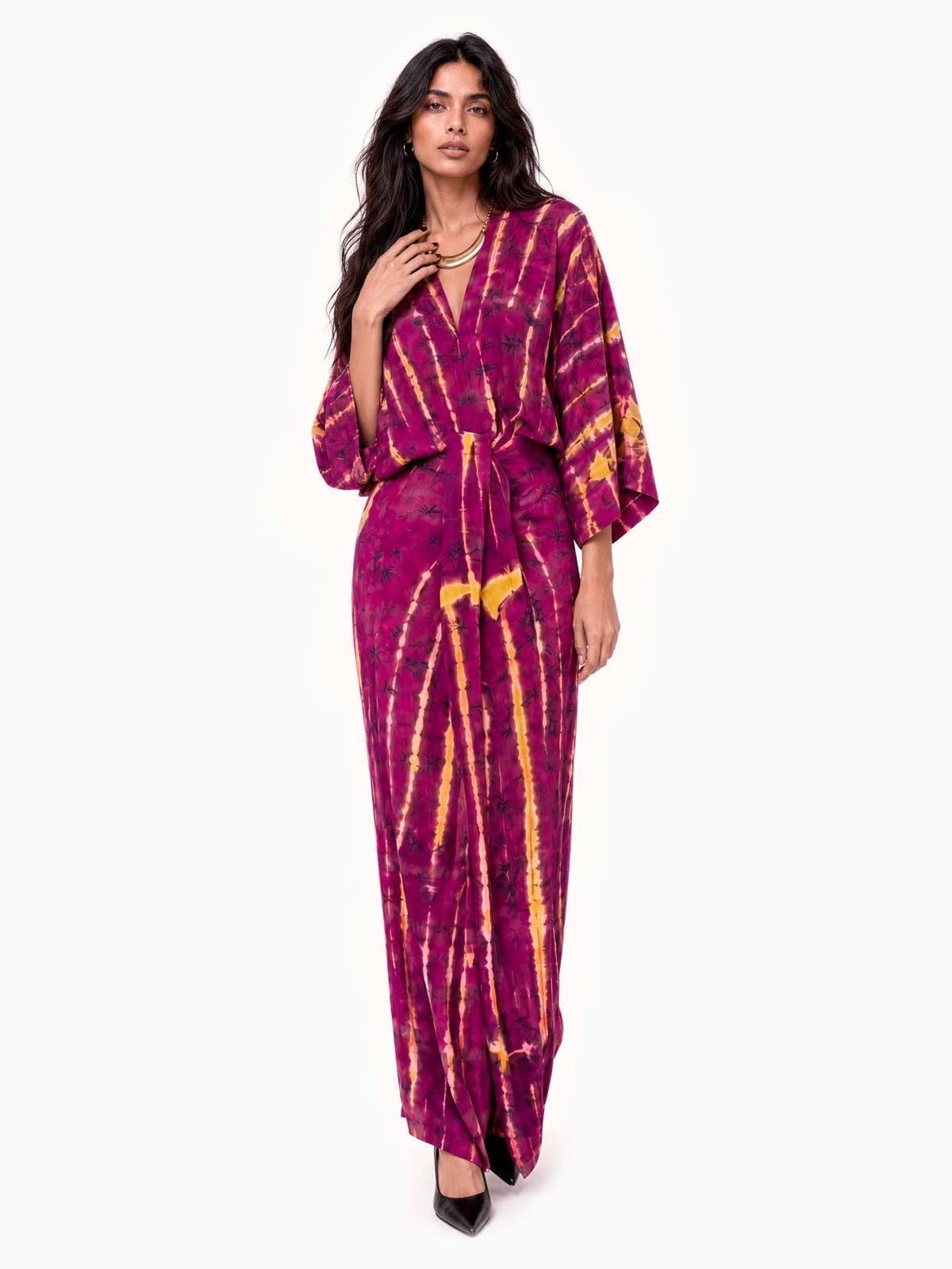 V-Neck Printed Slit Streamer Design Maxi Dress