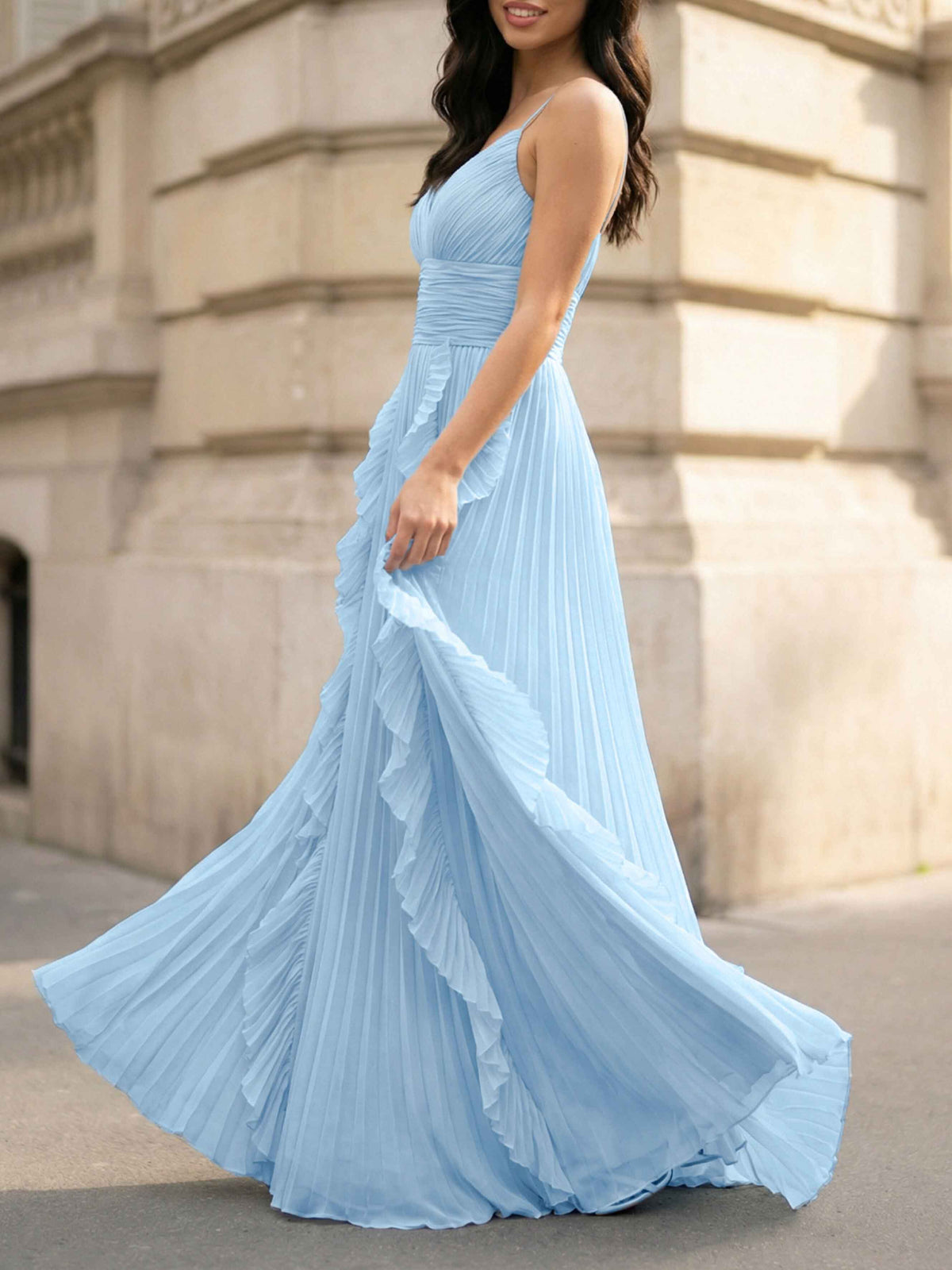 Elegant Spaghetti-Strap Ruffled Pleated Chiffon Maxi Dress