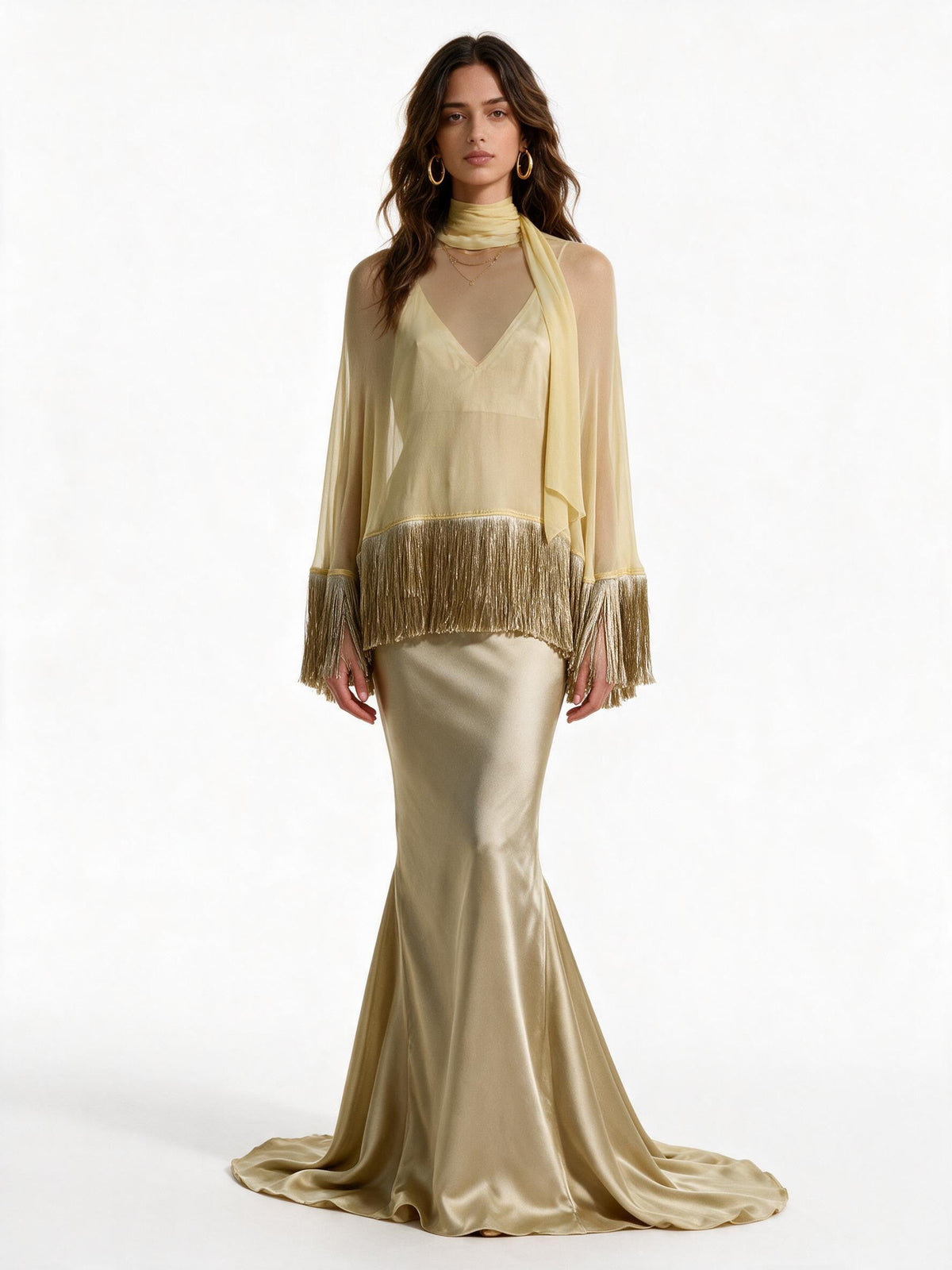 Elegant Fringe Shawl Top & Satin Maxi Skirt Three-Piece Set