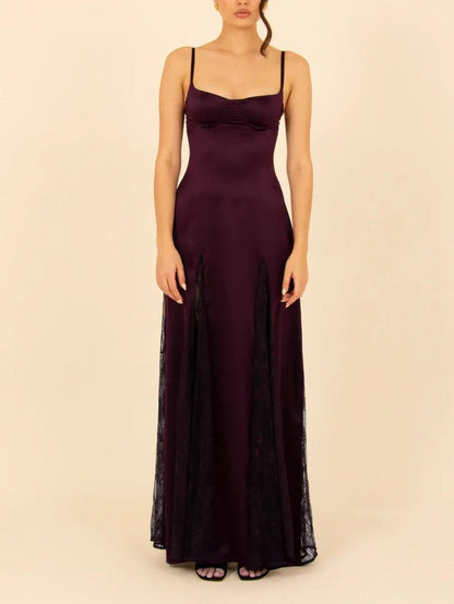 Elegant Satin Lace Patchwork Spaghetti Strap Maxi Dress