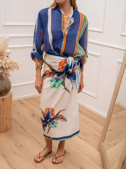 Striped Print Button-Up Shirt & Wrap Midi Skirt Set